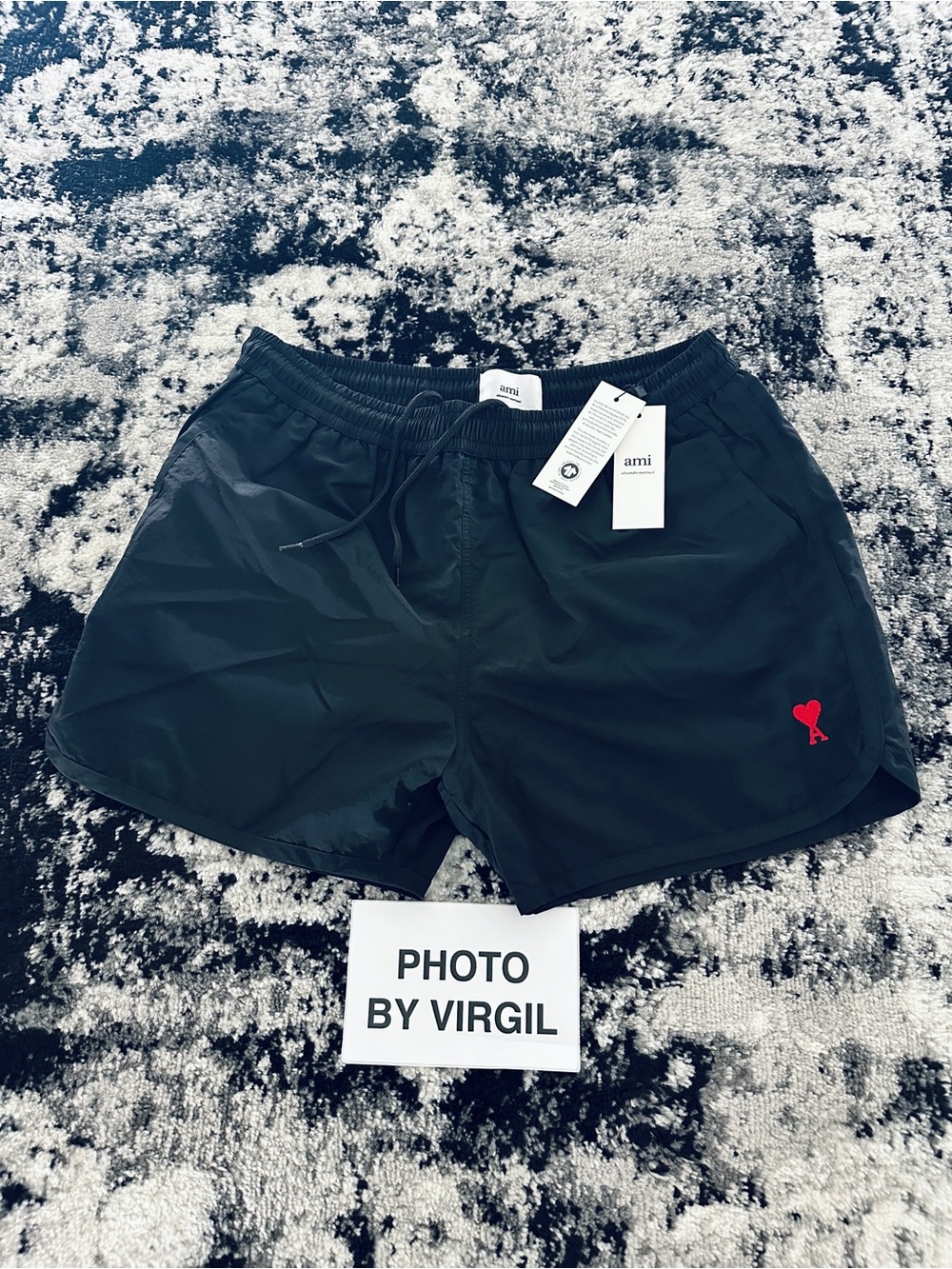 Ami De Couer Logo Short Length Black Swim Shorts with Red Heart Logo